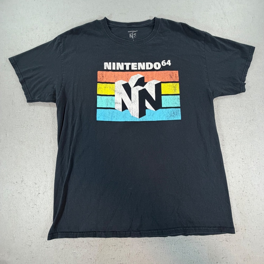 Nintendo 64 Retro Rainbow Logo Graphic T-Shirt Men's Large Black‎ Cotton Tee